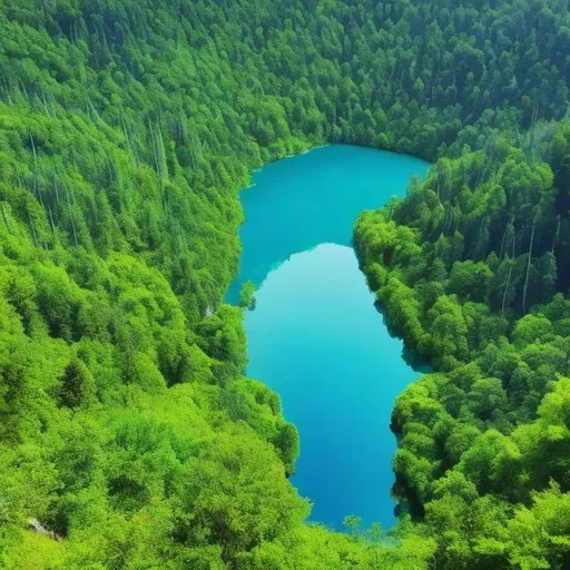 Prompt: a real photo of a beautiful blue and green lake from above in the middle of a mountain covered by a green forest