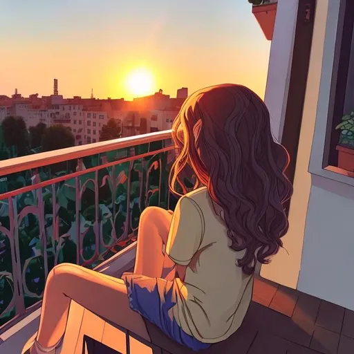 Prompt: A medium hair girl watching the sunset on a balcony 