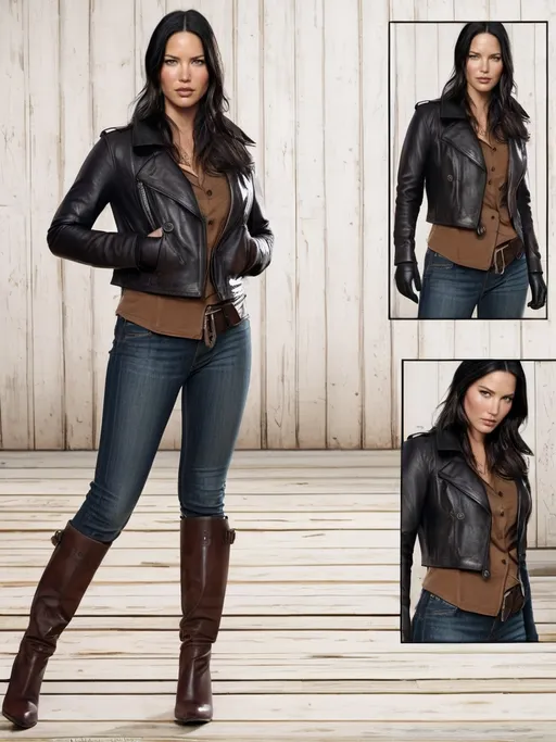 Prompt: photorealistic Olivia Munn detailed face, high-quality, professional, detailed eyes,  realistic, intense gaze, celebrity, professional lighting, detailed facial expression, high resolution, wearing leather coat, gloves, very tall buckle boots on wooden floor,  intricate details, realistic skin tones, professional photography