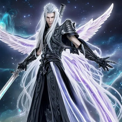 Prompt: In his eightieth-dimensional form, Sephiroth is an ethereal being adorned in cosmic radiance. Silver hair, mesmerizing eyes, and an aura of celestial energy define his enigmatic presence. Clad in regal attire, he wields a celestial sword, crackling with otherworldly power