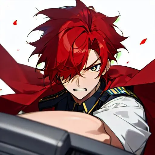 Prompt: Zerif 1male as a police officer (Red side-swept hair covering his right eye)UHD, 8K, Highly detailed, insane detail, best quality, high quality, wearing a police uniform, anime style