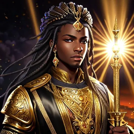 Prompt: Illustration, fantasy, painting, high definition, detailed, ornate, Black Moorish Prince, Golden bejeweled flowing gown, beautiful grey eyes, full lips, holding a sword and musket, the sun behind him, rays emitting from her head, Carvaggio