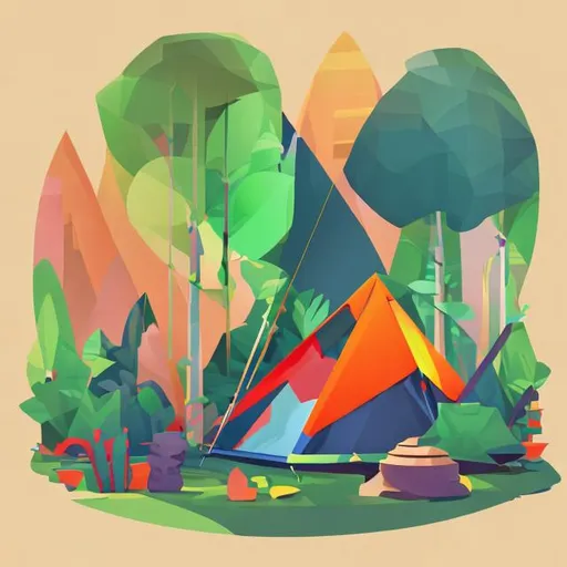 Prompt: artwork of t-shirt graphic design, flat design of a lone tent in the lush forest, colorful shades, highly detailed clean, vector image, photorealistic masterpiece, professional photograph, simple sunrise backdrop for monster, flat white background, isometric, vibrant vector





