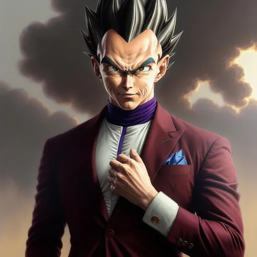 Prompt: vegeta in a maroon business suit smoking  cigarettes,  & d, fantasy, intricate, elegant, highly detailed, digital painting, artstation, concept art, smooth, sharp focus, portrait, face close up art by artgerm and greg rutkowski and alphonse mucha