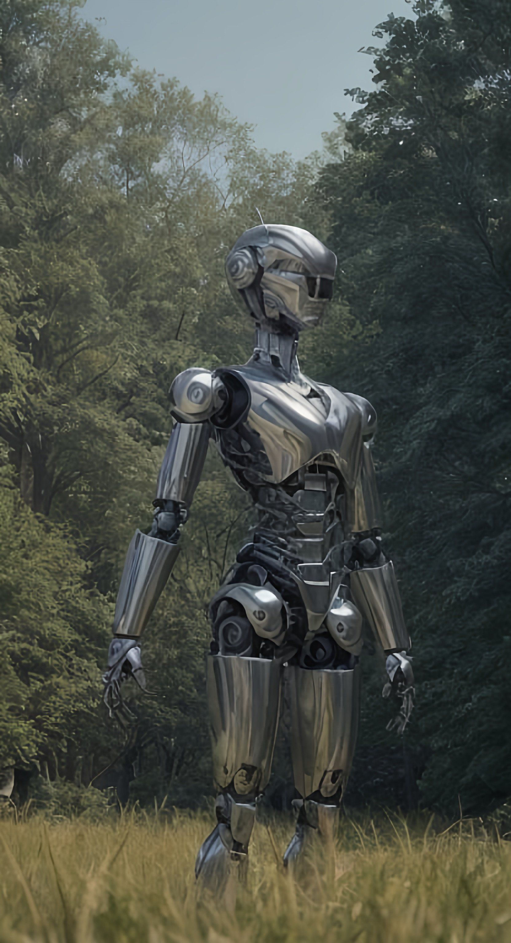 Prompt: a robot standing in a field of grass with trees in the background 