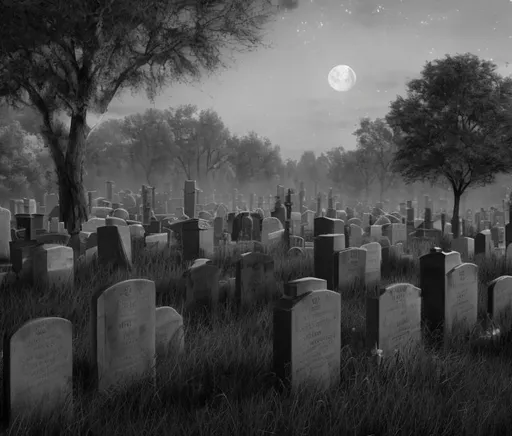 Prompt: A detailed charcoal drawing of a cemetery at night, many gravestones and monuments, mausoleum, trees, bright full moon, strong contrast