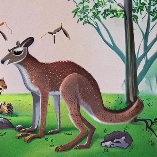 Prompt: The OKR Kangaroo, Once upon a time, in a lush green forest, there lived a group of animal friends. There was a wise old owl, a playful monkey, a curious fox, and a fast cheetah. One day, they heard about a new animal in town, the OKR Kangaroo!