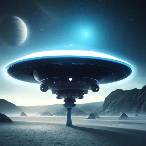 Prompt: a futuristic alien's ufo landing on beach background lights hd realistic detailed, lights in sky