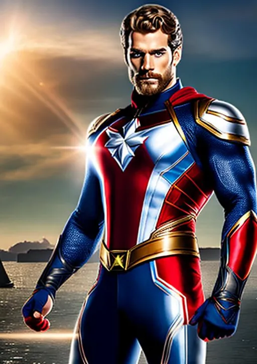 Prompt: High-resolution hyperrealistic photo of {captain britain} merged with [captain mar-vell], played by blond and bearded henry cavill, blue and red and silver costume, uhd, hdr, 64k