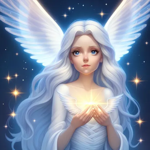 Prompt: bust of a beautiful angel in the style of Disney Pixar with a long flowing gown and white hair, big eyes, sunshine, two clear wings, light beams, sparkle, digital art, smooth lighting, fireflies, stars, backlit