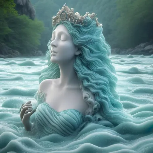Prompt: a serene blue lady with hair made of seafoam wearing a crown she is standing in the middle of a river. 