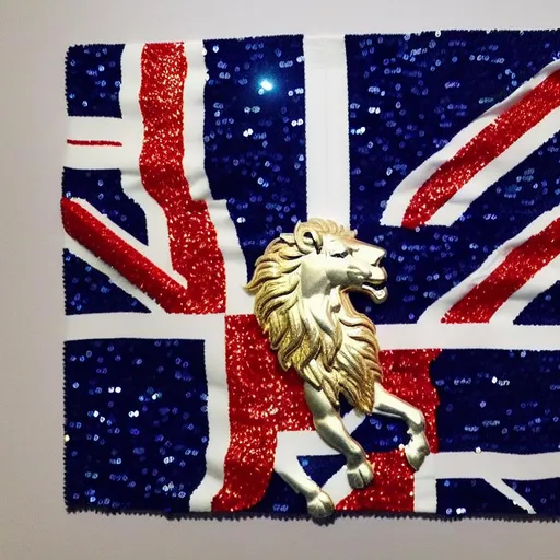 Prompt: british flag design with horse and lion crests designed using gold and silver gilded crystal stones made with blue white red sequins