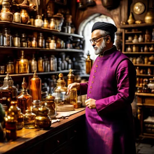 Prompt: A 4k ultra high res image of  Emphasis on A kindly shopkeeper wearing traditional wooden spectacles and an apron over his medieval clothing, stands amidst the 
 cozy (((medieval apothecary shop))), with dusty bottles and ancient scrolls scattered across the floor, giving off a sense of antiquity.