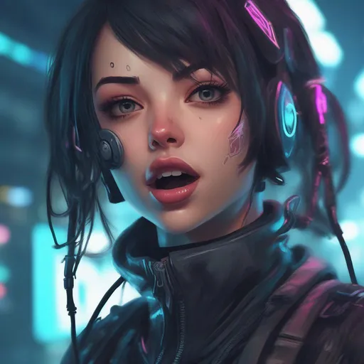 Prompt: A cute and beautiful cyberpunk girl, portrait, she has a beautiful mouth, and had her mouth open with her tongue sticking out at the camera. You can see down her throat. 