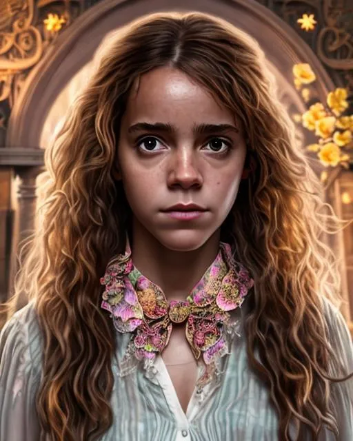 Prompt: Hermione Granger wearing a floral patterned blouse, a big candy necklace around her neck. ultra detailed, highly detailed scenario, photorealistic, intricate, masterpiece, UHD, HDR, symmetric, coherent, epic detail, stunning, beautiful, ,lumen render ,lumen path tracing ,path tracing light ,path tracing shadow ,path tracing special fx, 