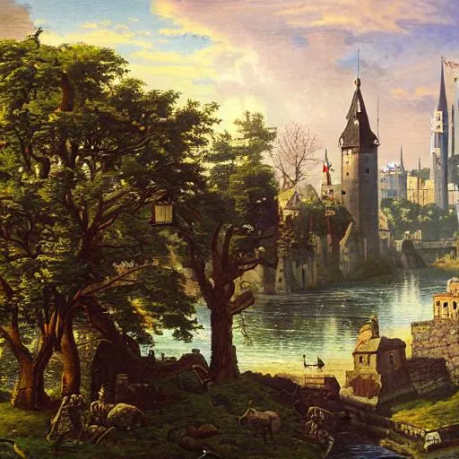 Prompt: A medieval city on an island between two rivers with a tower in early spring; fantasy