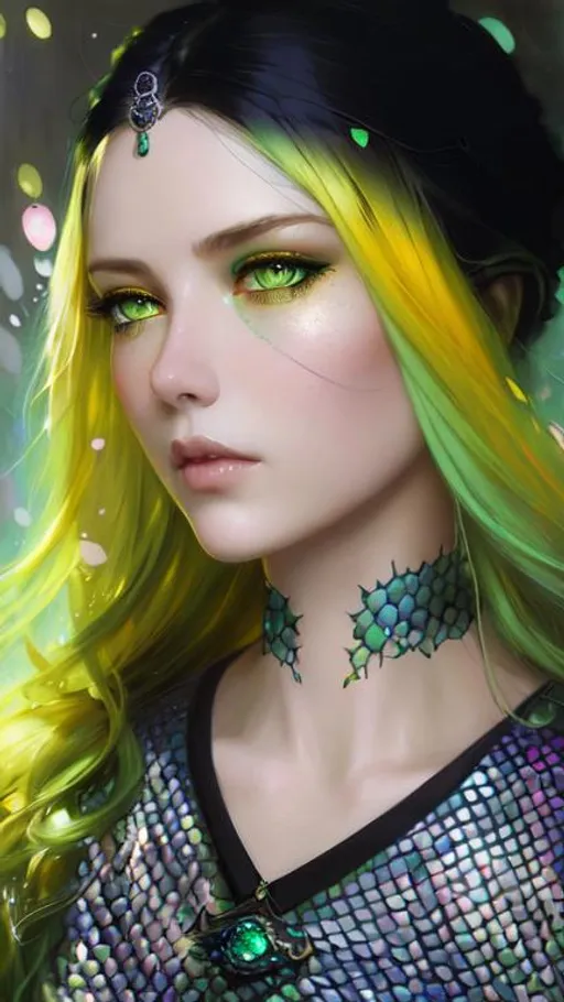 Prompt: A beautiful woman, beautiful face, stunning snake green eyes, ombre gradient green hair, delicate dress made of gradient iridescent snake scales details by pino daeni, tom bagshaw, Cicely Barker, Daniel Merriam, intricate details by Andrew atroshenko, James Jean, Mark Ryden, charlie bowater, WLOP, Jim burns, esao Andrews, Megan duncanson, beautiful portrait , very detailed, high definition, crisp quality, cinematic smooth, cinematic lighting, ultrarealistic, crispy focus 