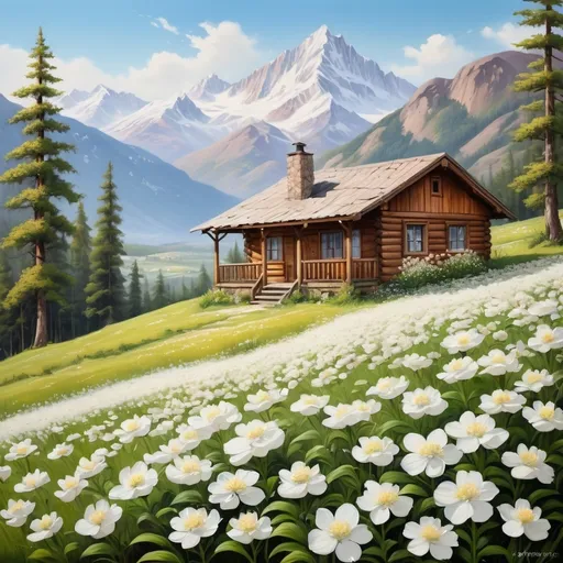 Prompt: Cabin in a field of white flowers, mountains in the background, clear sunny sky, high quality, traditional painting, serene landscape, warm tones, detailed cabin, vibrant flowers, majestic mountains, realistic, peaceful atmosphere