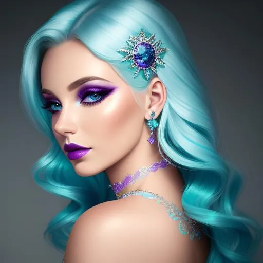 Prompt: Lady with blonde hair, colors of aqua and purple, stylish makeup, soft light,  fantasy