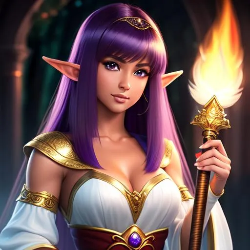 Prompt: {{{{highest quality concept art masterpiece}}}} oil painting, fantasy {{visible textured brush strokes}}, Full Body hyperrealistic intricate perfect full body of tanned attractive cute gorgeous beautiful stunning feminine 20 years old anime like elf girl wizard holding a magic fire staff {{hyperrealistic intricate perfect bob cut, purple beautiful hair}} and {{hyperrealistic perfect clear red eyes}} and hyperrealistic intricate perfect seductive attractive cute gorgeous beautiful stunning feminine face wearing {{hyperrealistic intricate dark crimson Lacey robes}} soft skin and light blue blush cheeks and scary sadistic mad, face perfect anatomy, perfect composition approaching perfection, hyperrealistic intricate,standing in starlight, anime vibes, fantasy, cinematic volumetric dramatic dramatic studio 3d glamour lighting, backlit backlight, 128k UHD HDR HD, professional long shot photography, unreal engine octane render trending on artstation, triadic colors, sharp focus, occlusion, centered, symmetry, ultimate, shadows, highlights, contrast, 
