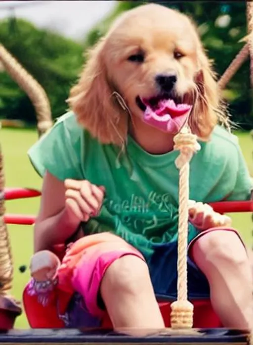 Prompt: The scene features a golden retriever, sitting on a bench in an amusement park, happily chewing on a large bone. In the background, a group of kids can be seen playing on a swing set, with one child swinging high into the air while the others watch and cheer. The sun is shining bright in the sky, casting a warm glow on the park and creating a cheerful and playful atmosphere. The dog's tail wags excitedly as it savors its bone, enjoying the fun and excitement of the amusement park along with the children.