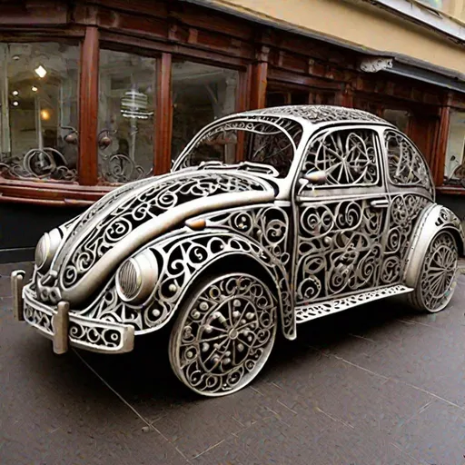 Prompt: A VW beetle made out of filigree wrought iron work