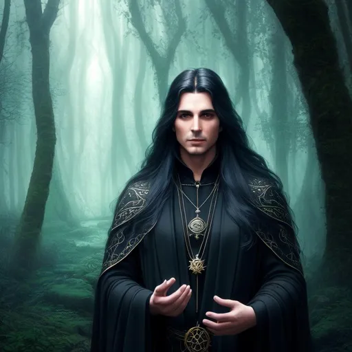 Prompt: view of male sorcerer in the woods, speaking to a goddess, spring, forested area, amulets, dark clothing, black jacket, long flowing hair, witchcraft, realistic eyes, apostate, vivid colors, masterpiece, art by HR Giger, dark contrast, 3D lighting, goddess of the sky in the background