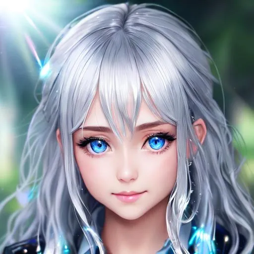 Prompt: cute young photographic girl with silver wild hair in wet and oily with button down, goddess, symmetrical face, sharp focusPortrait of a Beautiful woman, kidmo face, sparkle face, cute face, beautiful and sparkle blue eyes, sparkling, glow, intricate, anime vibes, sun shadow effect, white skin, flat smile, perfect body, perfect eyes, uhd, super detailed, hd, 4k,8k, unreal engine 8k octane,  lighting studio, trending on artstation, oil painting, fractal, perfect composition, full colors, hyperrealistic, Digital art by greg rutkowski, unreal engine, smooth face, 