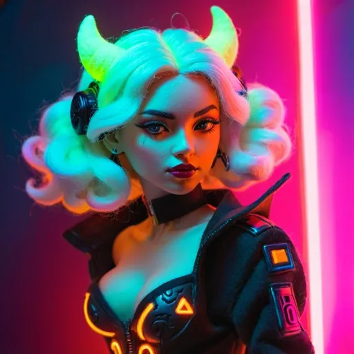 Prompt: a beautiful female demon in a dynamic pose in a retro futuristic synthwave cyberpunk neon paradise.  neon lighting, high quality, beautiful, synthwave, cyber, retro, futuristic