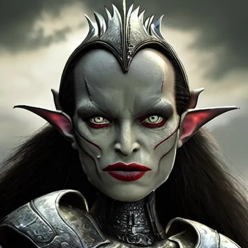 Prompt: 3d Goblin queen with luscious, black hair and with cute face, attractive,  dark storm clouds background, perfect composition, hyperrealistic, super detailed, 8k, high quality, trending art, trending on artstation, sharp focus, studio photo, intricate details, highly detailed, grey-skin, by christopher rush, intricate detail,  cute big circular reflective eyes