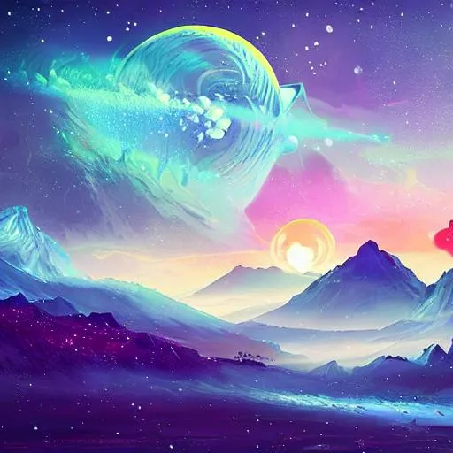 Prompt: Please produce a fantasy artwork Fantastic planetscape looking down on a desert. Space ships falling in the dark sky, nebula and stars in the background on the horizon with vibrant colors and effects. very pretty painting. 
