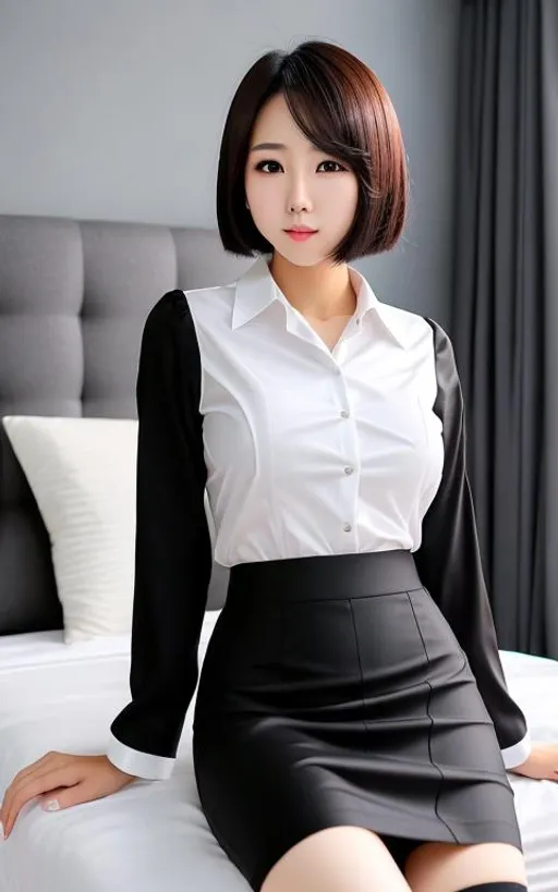 Prompt: japan white collar,suits,,teen, black short straight hime cut  hair,(black pantyhose:1.4),bare boobs8k,hires,super detailed, full body on shot,detailed face, pencil skirt,