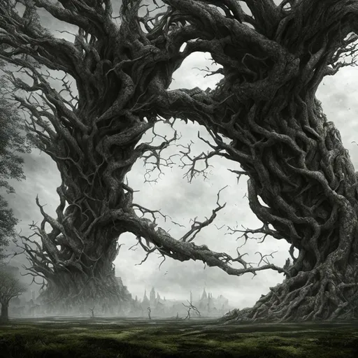 Prompt: fantasy setting, a medieval fortress with walls resembling an ancient tree with deep roots, HD, hdr, dark setting, wet graphite, 4k, hyper-realistic, photo realistic