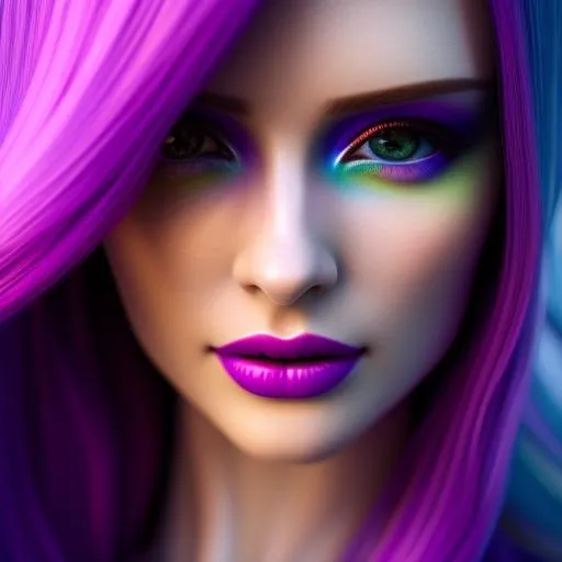 Prompt: HDR, UHD, 64k, best quality, pale skin, unrealistically, multicolored hair,  UHD, hd , 64k, , hyper realism, Very detailed, full body, hyper realism, Very detailed, female anime, slender body, in hyperrealistic detail, rainbow hair, facial closeup, heavy makeup