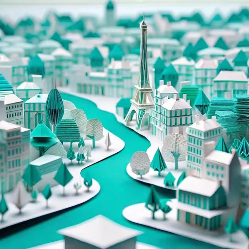 Prompt: 3d Origami, low poly, paper folds papercraft, [intricately detailed 3d origami city landscape of paris,  vanishing point on street by Beatriz Milhazes, Thomas barbey], made of paper, stationery, 8K resolution 64 megapixels, pastel white turquoise, 