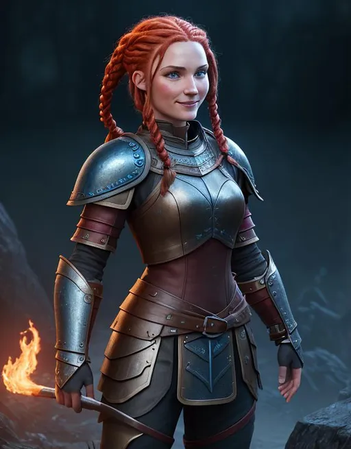 Prompt: Digital art, ((bright colors)) (((DreamShaper Version 1))), Berk of How to Train Your Dragon, viking woman, subtle smile, red hair, cornrow braids, blue eyes, black gear, black armor, unreal engine, 8k octane, 3d lighting, full body, full armor