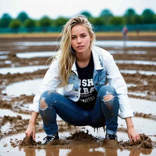 Prompt: photo of young woman, soaking wet clothes, Converse high tops, Very ripped long blue jeans, White shirt, ripped denim jacket,  , Blonde drenched in mud standing on mud pool,   enjoying, water dripping from clothes, clothes stuck to body,  detailed textures of the wet fabric, wet face, wet plastered hair,  wet, drenched, professional, high-quality details, full body view , Front view