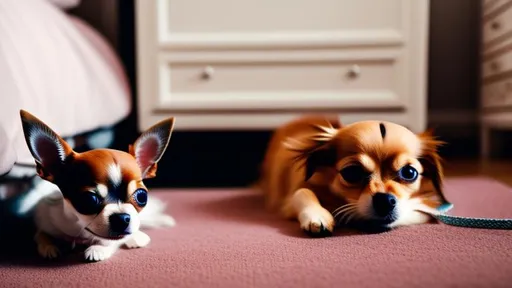 Prompt: A chihuahua on a leash tied to a bedroom doorknob. Two men can be seen sleeping in the bed.