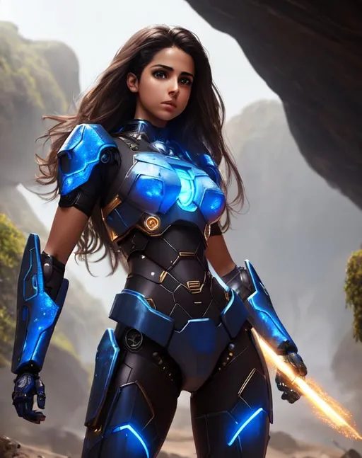 Prompt: Naomi Scott, 18 years old, blue lace mech suit, sleeveless, determined, fierce, hero, dirty, cloak, dramatic, human, cinematic lighting, caustic, cave background, brown hair, brown eyes, battlefield, ethereal, jewelry set, beautiful, royal vibe, highly detailed, digital painting, Trending on artstation, HD quality, tan skin,artgerm, by Ilya Kuvshinov