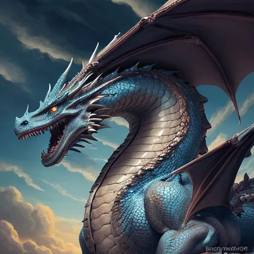 Prompt: a majestic detailed dragon, fire breathing well detailed, well polished and surreal sky highly detailed, in the style of leonard hale