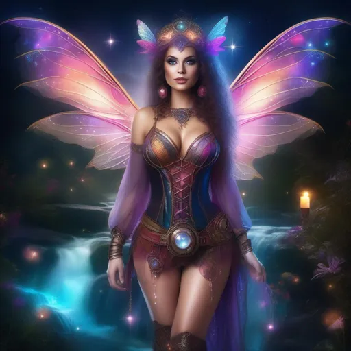 Prompt: Wide angle. Whole body showing. Photo real. Detailed Illustration. Beautiful, buxom woman with broad hips and incredible bright eyes, standing next to a stream on a breathtaking, colorful starry night. Wearing a colorful, translucent, sparkling, dangling, skimpy, gossamer, sheer, flowing, steam-punk style, Witch style, fairy outfit with distinct wings. With winged fae flying about.