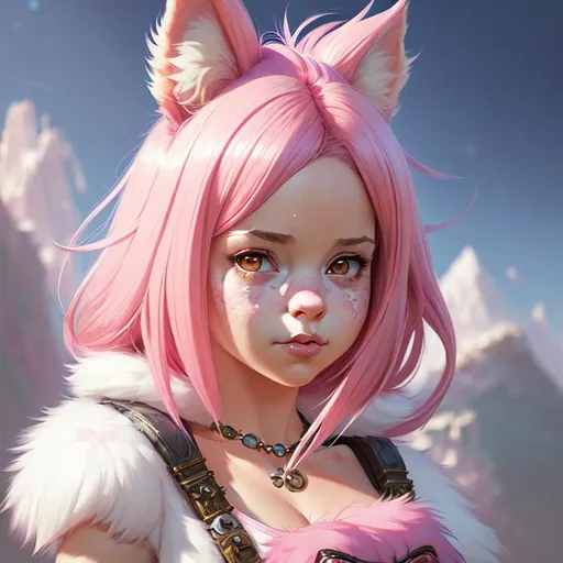 Prompt: Portrait of a cute furry girl with pink hair fluffy and with cute face and, fantasy background, perfect composition, hyperrealistic, super detailed, 8k, high quality, trending art, trending on artstation, sharp focus, studio photo, intricate details, highly detailed, by greg rutkowski