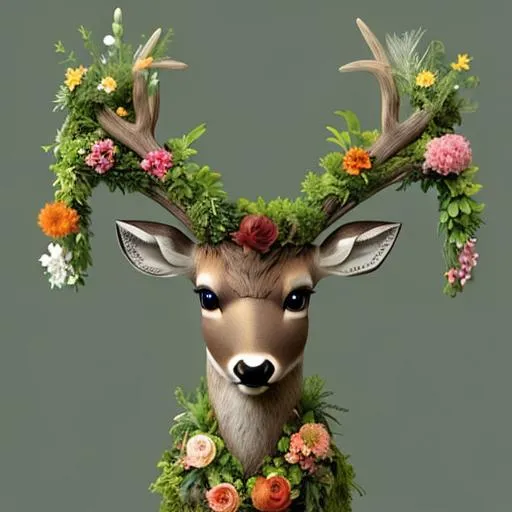 Prompt: Deer made out of plants and flowers, with little trees instead of horns