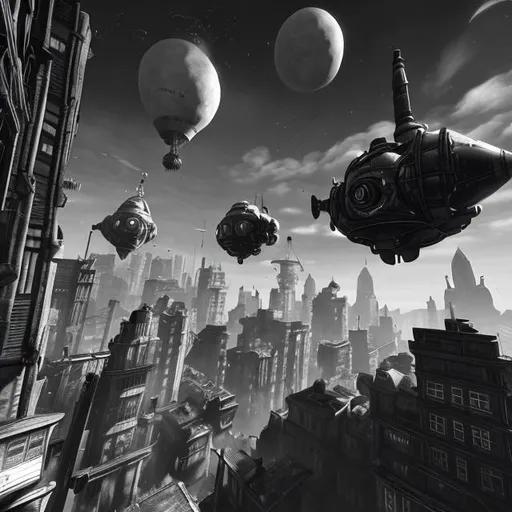 Prompt: monochrome, bioshock infinite floating cities, scifi, sky, high in air, slums