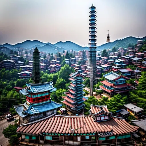 Prompt: In a rustic Korean town, a pagoda is very obviously a disguised cellphone tower. Its roof corners and eaves are adorned with abundant telecommunications equipment. While only partially camouflaged, the tower still retains its identity as a cellphone tower. Carefully placed antennae and satellite dishes can be found on its rooftop. The camera, attuned to capturing this intriguing sight, employs a wide-angle lens to encompass the tower and its surroundings. Inspired by the works of contemporary photographers like Fan Ho and Edward Burtynsky, this image showcases the art of blending technology with cultural heritage.