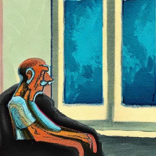 Prompt: A dying man sitting by the window watching the beautiful day go by while he suffers from depression and heartbreak painting abstract textured 