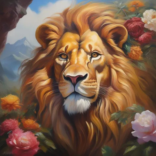 Prompt: (masterpiece, oil painting, Dungeons & Dragons, best quality), beautiful artistic render of a majestic & noble Lion, deity [sun god], peacefully smiling, staring out into the distance, gemstone embedded into its forehead,  flowers woven into its mane, 