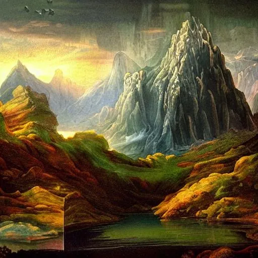 Prompt: Fantasy Mountain landscape with mystical 3D waterfall in style of epic Da Vinci painting like Benjamin West