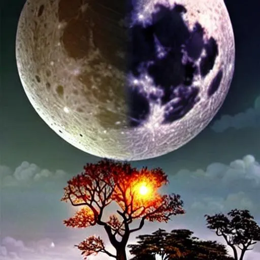 Prompt: image of an oak tree, majestic, giant, night-time, full moon, digital art, art by Stephan Martiniere, Trending on ArtStation