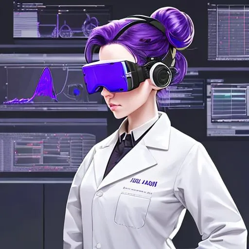 Prompt: Create an image of a famous scientist in her mid to late 30s and engineer who wears headphones and sleek AR goggles. She has multi-toned purple hair pulled up in a bun and wears high-necked collars under a lab coat. Show her standing in a dimly lit room  filled with screens showing data and other high-tech gadgets and equipment. The overall tone of the image should be futuristic